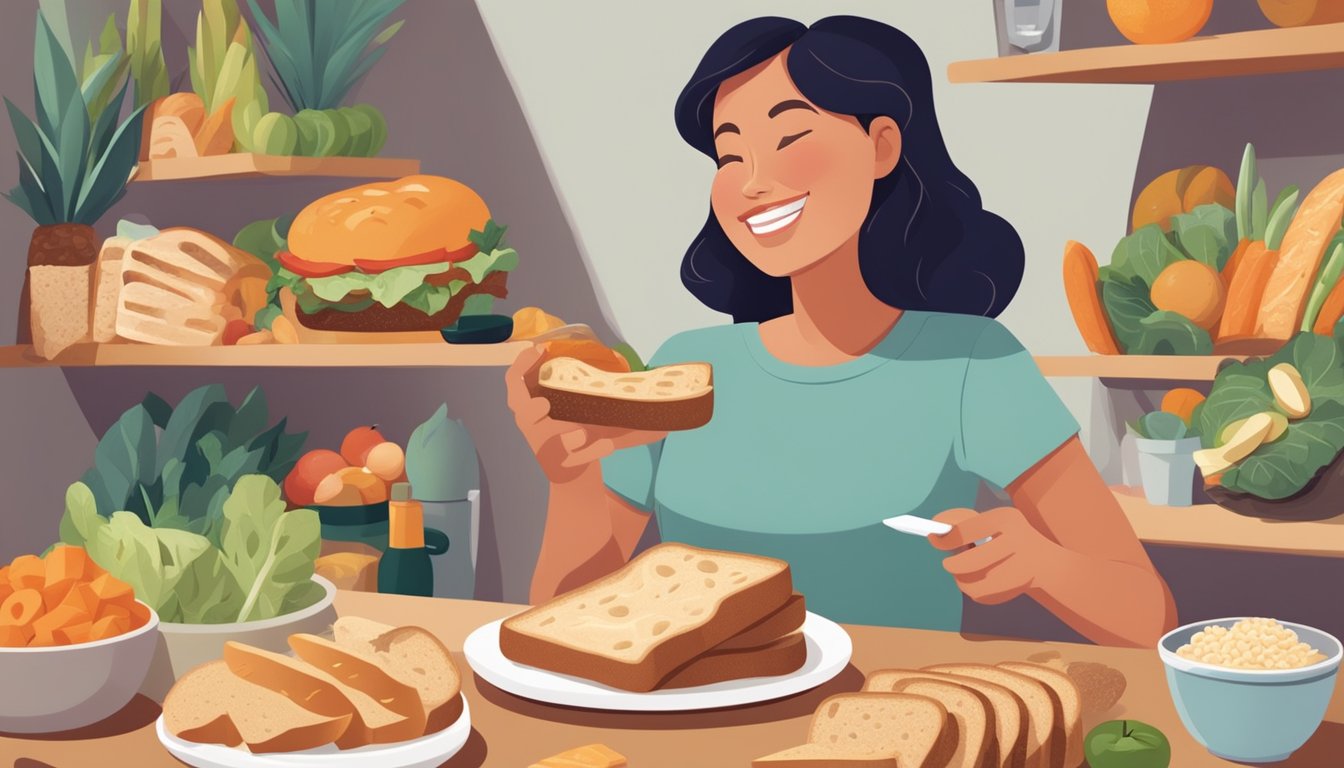 A diabetic happily eating a slice of sourdough bread while surrounded by various healthy food options