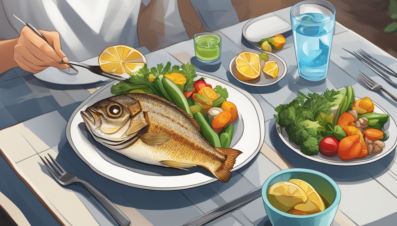 A diabetic person sitting at a dining table with a plate of grilled snapper, surrounded by a variety of colorful vegetables and a glass of water