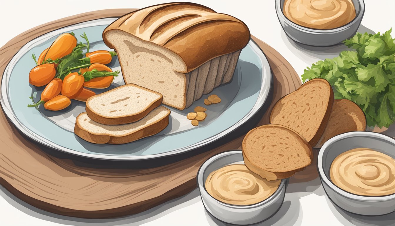 A table set with a loaf of sourdough bread, a variety of whole grain bread, and a plate of fresh vegetables and hummus