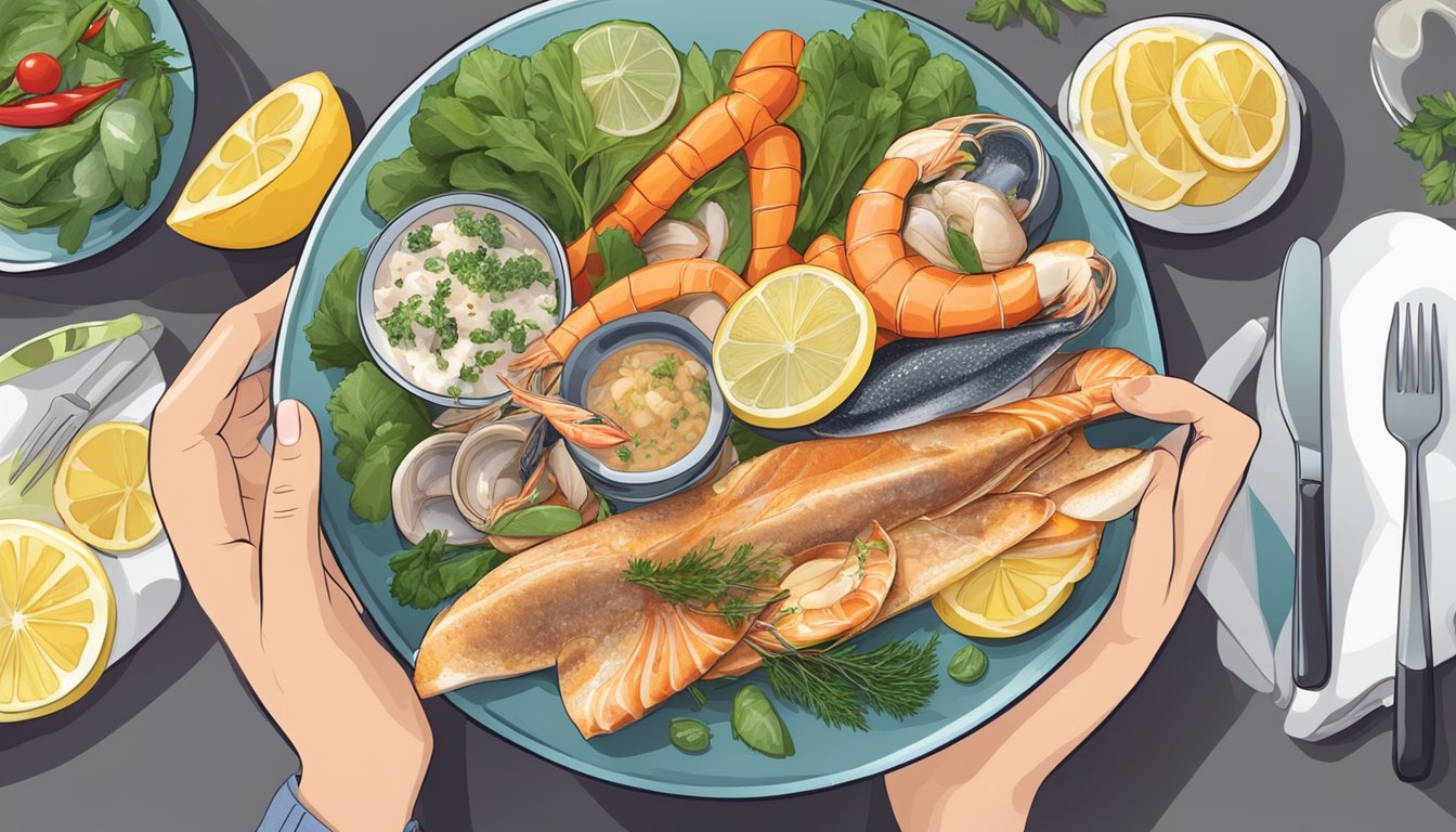 A diabetic person enjoying a meal of skate with a variety of seafood options on a plate, surrounded by fresh ingredients like lemon, herbs, and vegetables