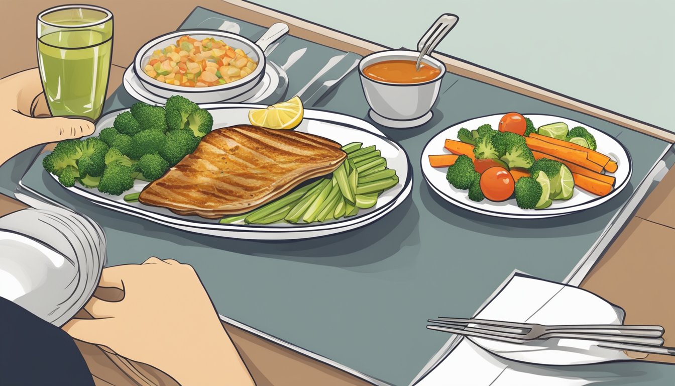 A diabetic person enjoying a meal of grilled skate with a side of steamed vegetables, a balanced and healthy option for their condition