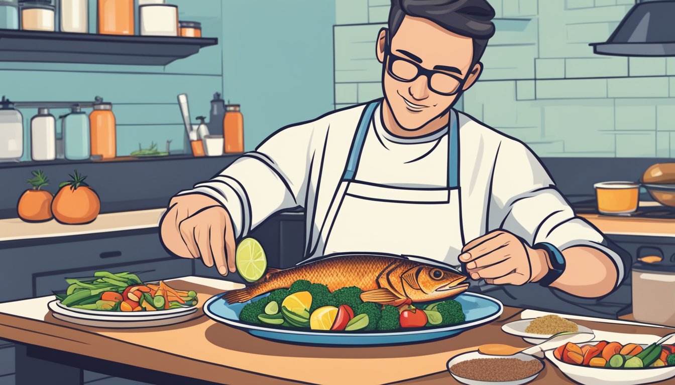 A diabetic person preparing a colorful plate of grilled snapper with a variety of fresh vegetables and a side of quinoa