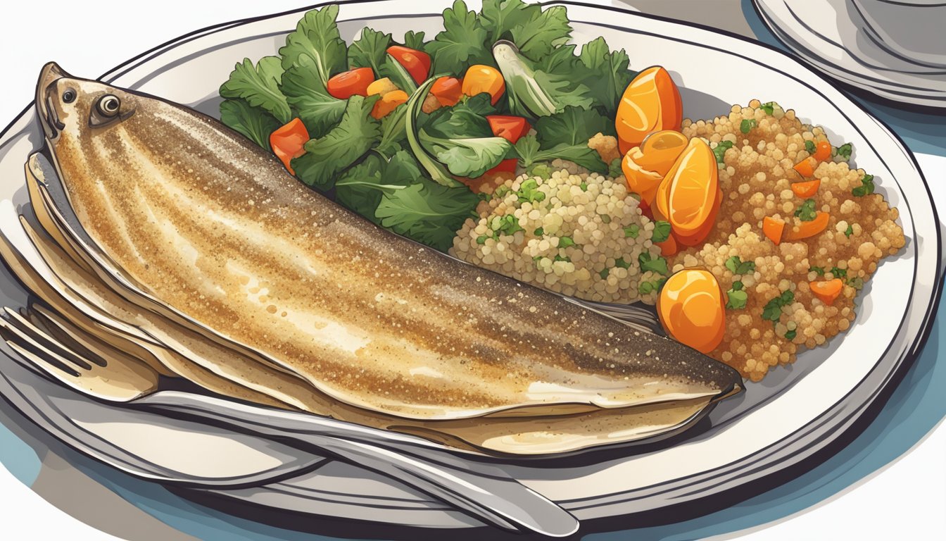 A diabetic person happily eating a plate of cooked skate with vegetables and a side of quinoa