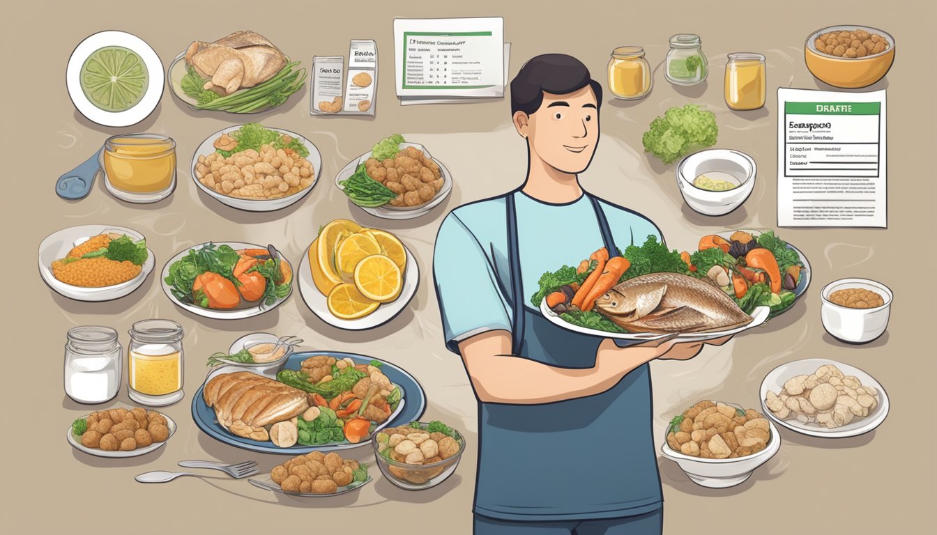 A diabetic person holding a plate of cooked snapper, surrounded by various foods and a nutrition label