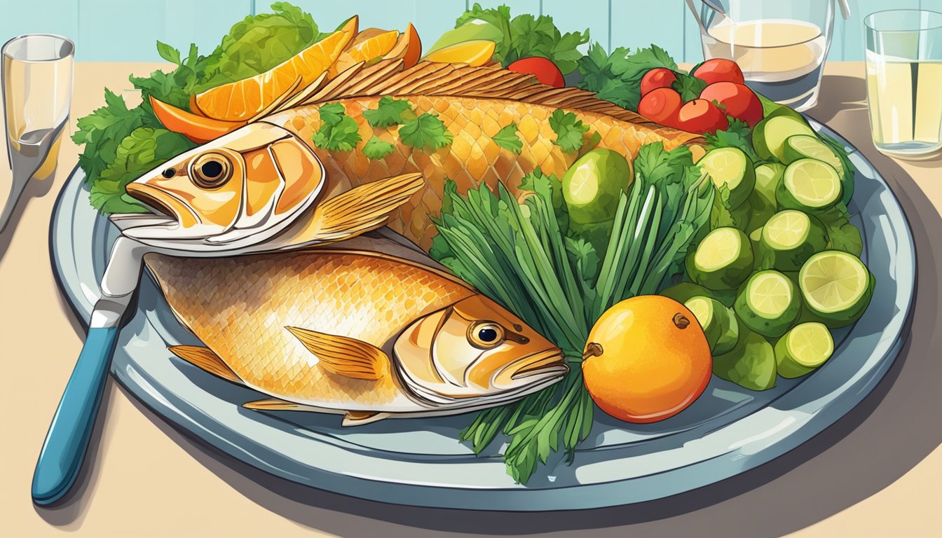 A plate of cooked snapper surrounded by colorful fruits and vegetables, with a glass of water on the side