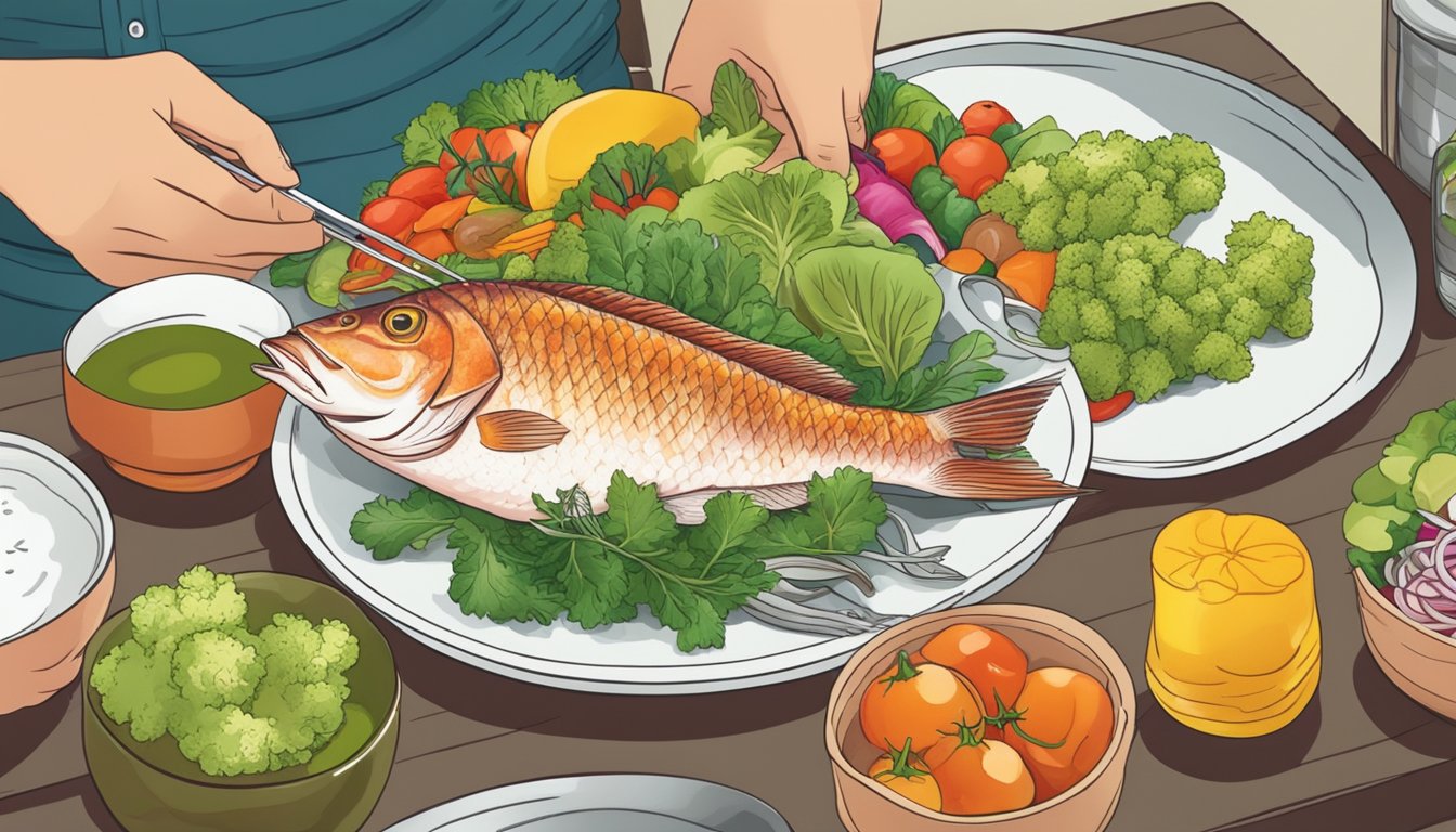 A person preparing a colorful, balanced meal with a variety of fresh vegetables and a piece of snapper fish on a plate