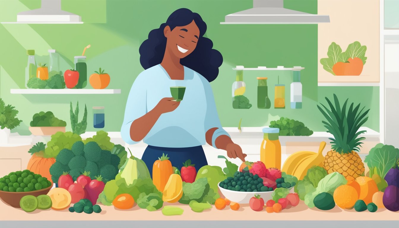 A person with diabetes happily incorporating spirulina into their daily routine, surrounded by fresh fruits and vegetables