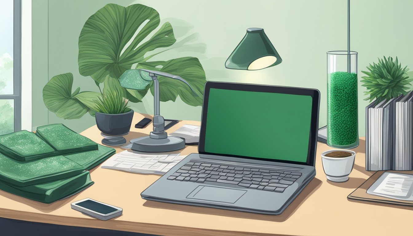 A diabetic person researching spirulina on a computer with medical books and a plate of spirulina tablets on the desk