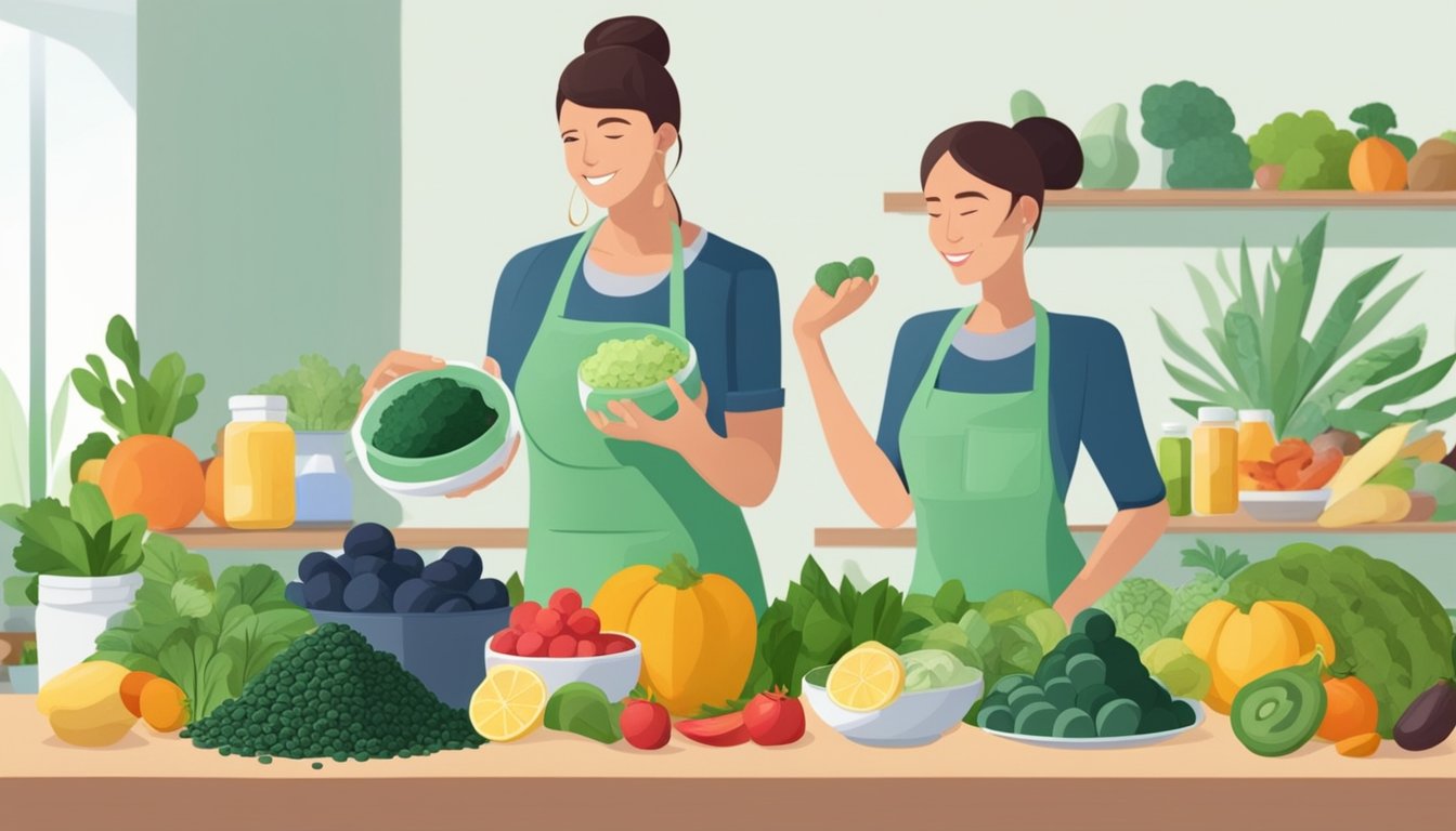 A dietician holds a container of spirulina powder while surrounded by various fruits, vegetables, and nutritional supplements