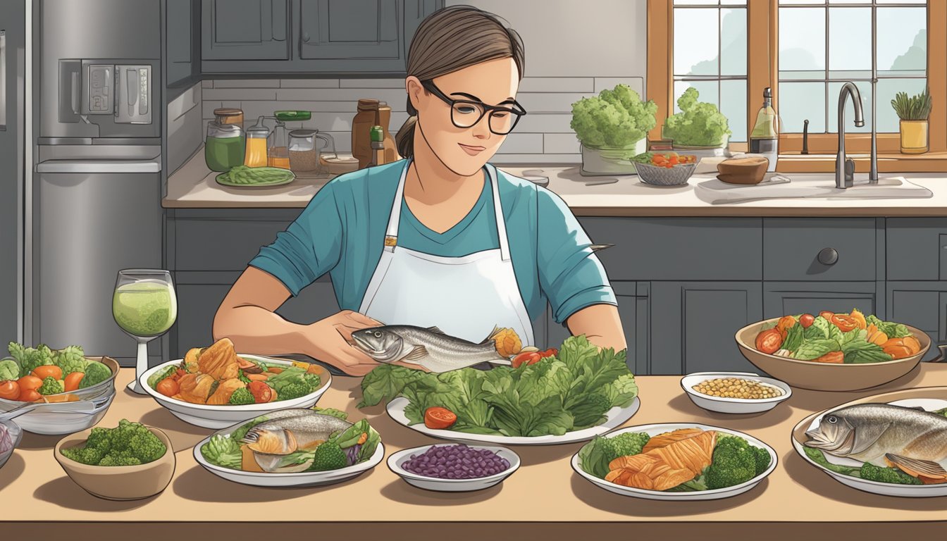 A person with diabetes sits at a dining table, looking at a plate of cooked striped bass, surrounded by a variety of healthy food options