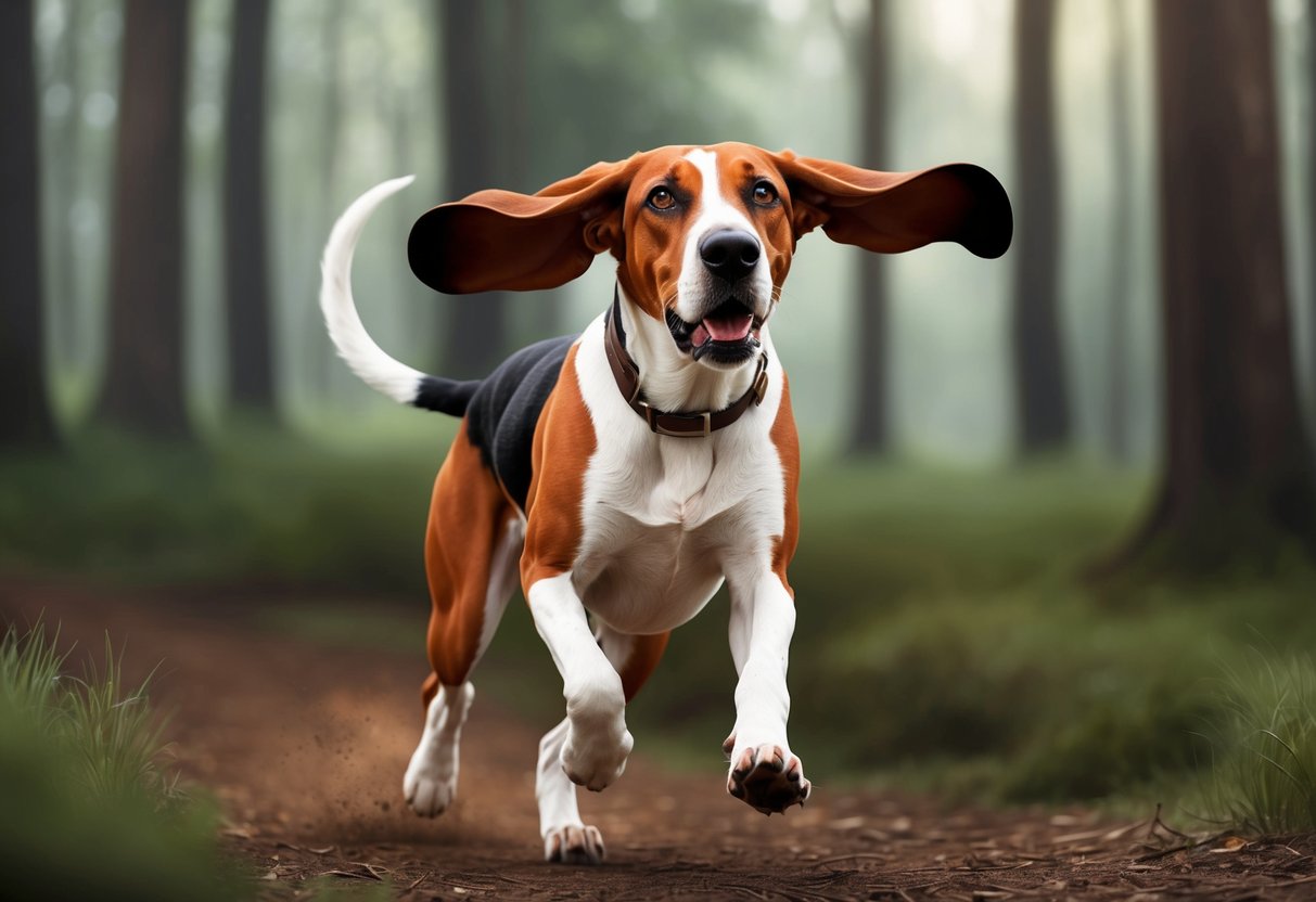 A Redbone Coonhound dog running through a forest, ears flapping, with a focused and determined expression on its face