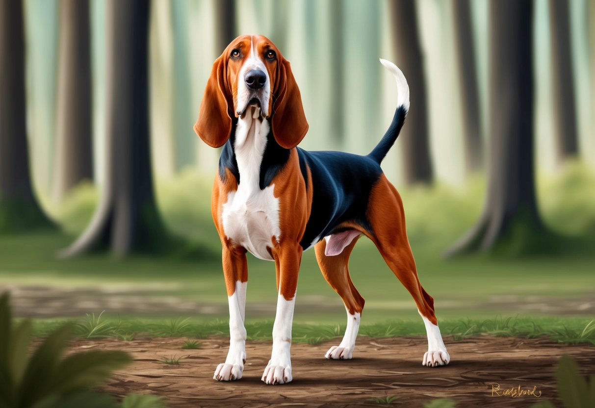 A Redbone Coonhound stands alert in a forest clearing, ears perked and tail wagging, with a confident and friendly expression