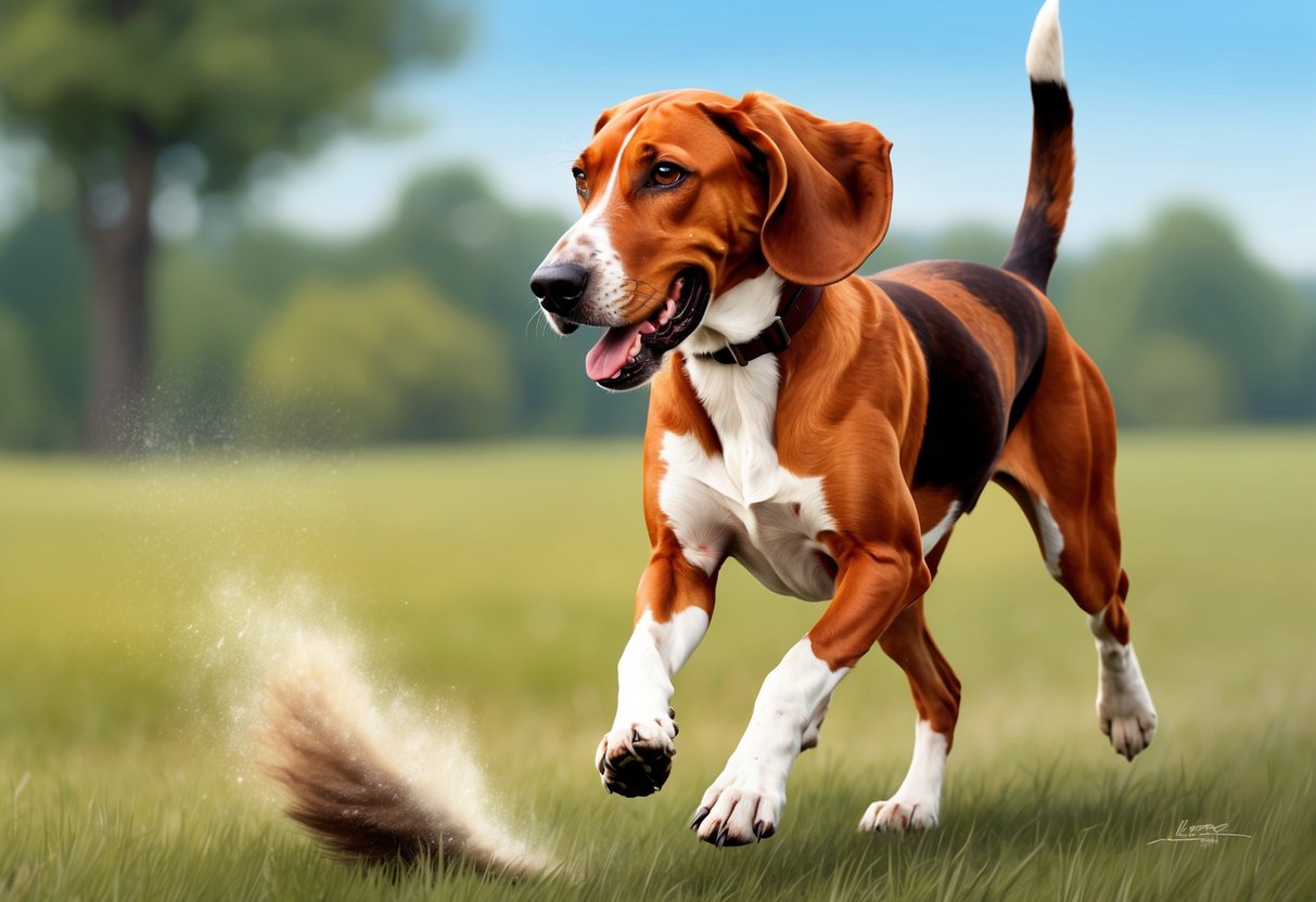 A Redbone Coonhound dog eagerly chasing after a scent with its tail wagging and ears perked up