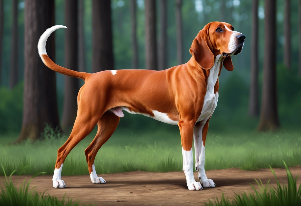 A Redbone Coonhound stands alert in a forest clearing, ears perked and tail wagging, with a sleek, muscular body and a rust-colored coat