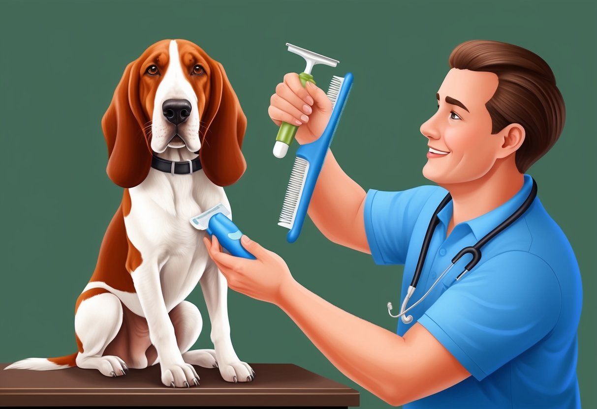 A Redbone Coonhound dog being lovingly cared for by its owner, receiving a thorough grooming and health check