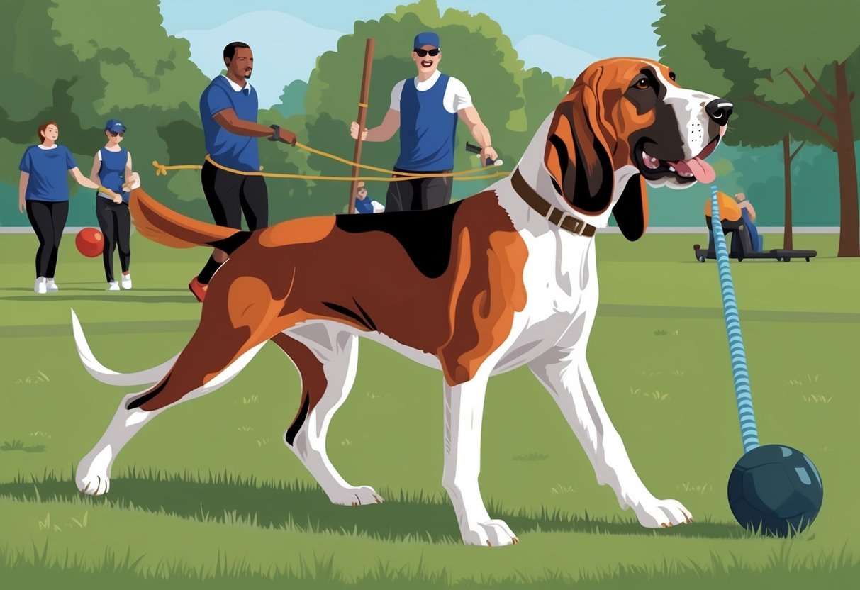 A Redbone Coonhound dog participating in training and activities in a park