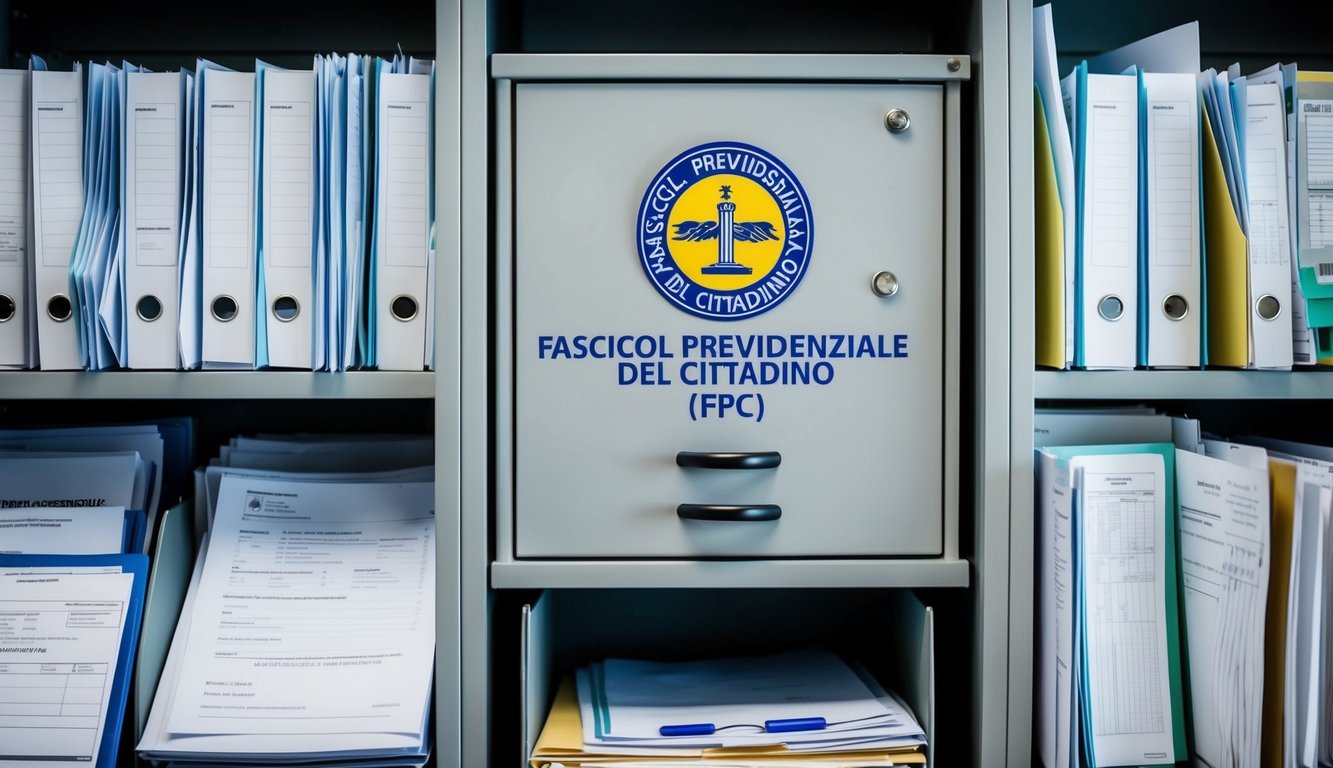 Un armadio per documenti con il logo "Fascicolo Previdenziale del Cittadino (FPC)", circondato da vari documenti e moduli