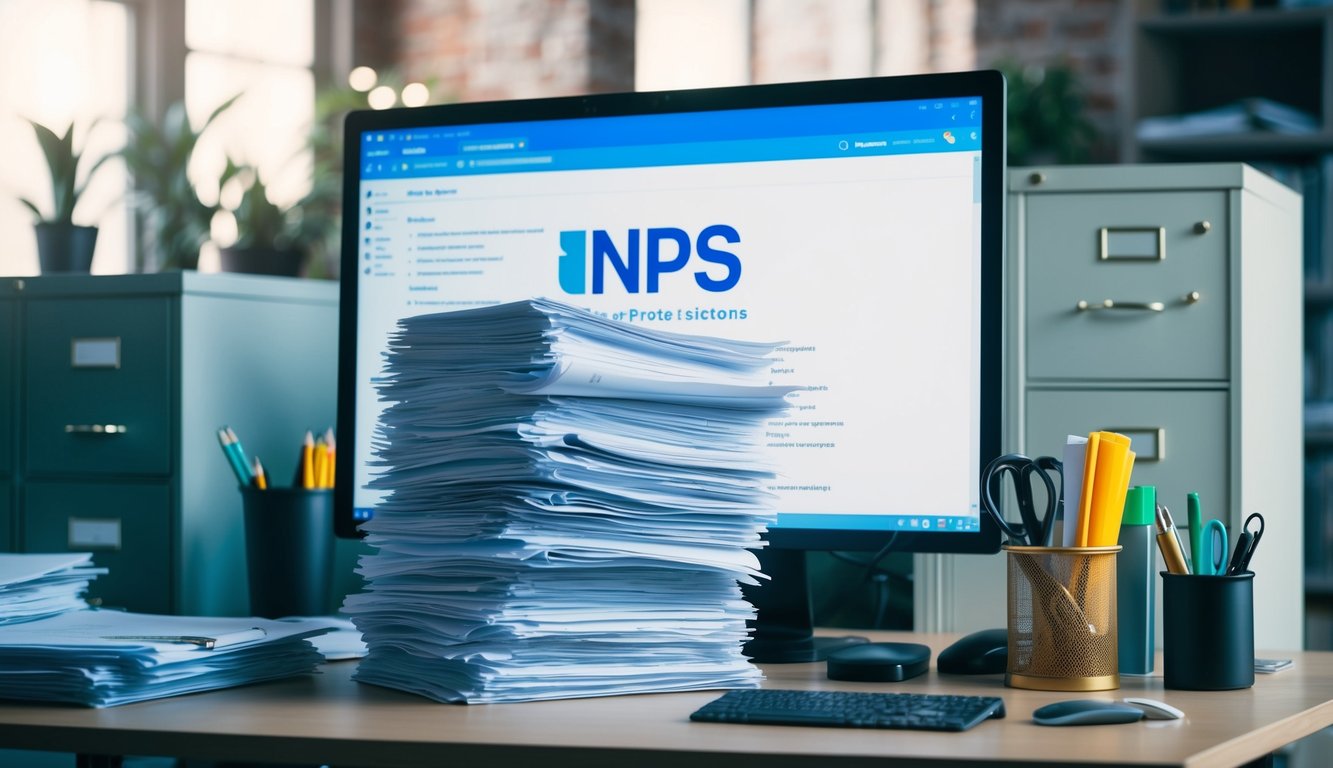 Una pila di documenti ufficiali e uno schermo del computer che mostra il logo INPS, circondati da vari materiali di cancelleria e un armadio per archiviazione