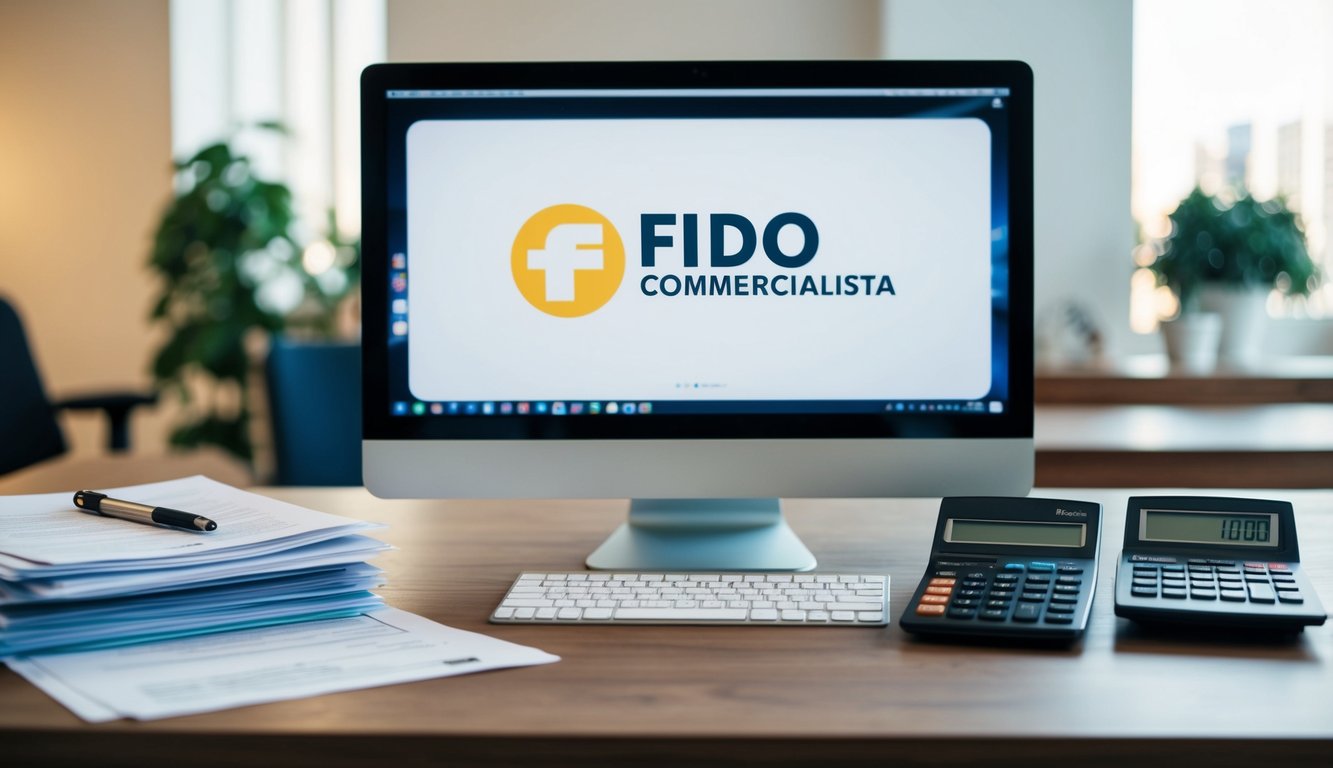 Una scrivania organizzata con un laptop, documenti e una calcolatrice. Un logo di "FidoCommercialista" è visualizzato sullo schermo del computer.