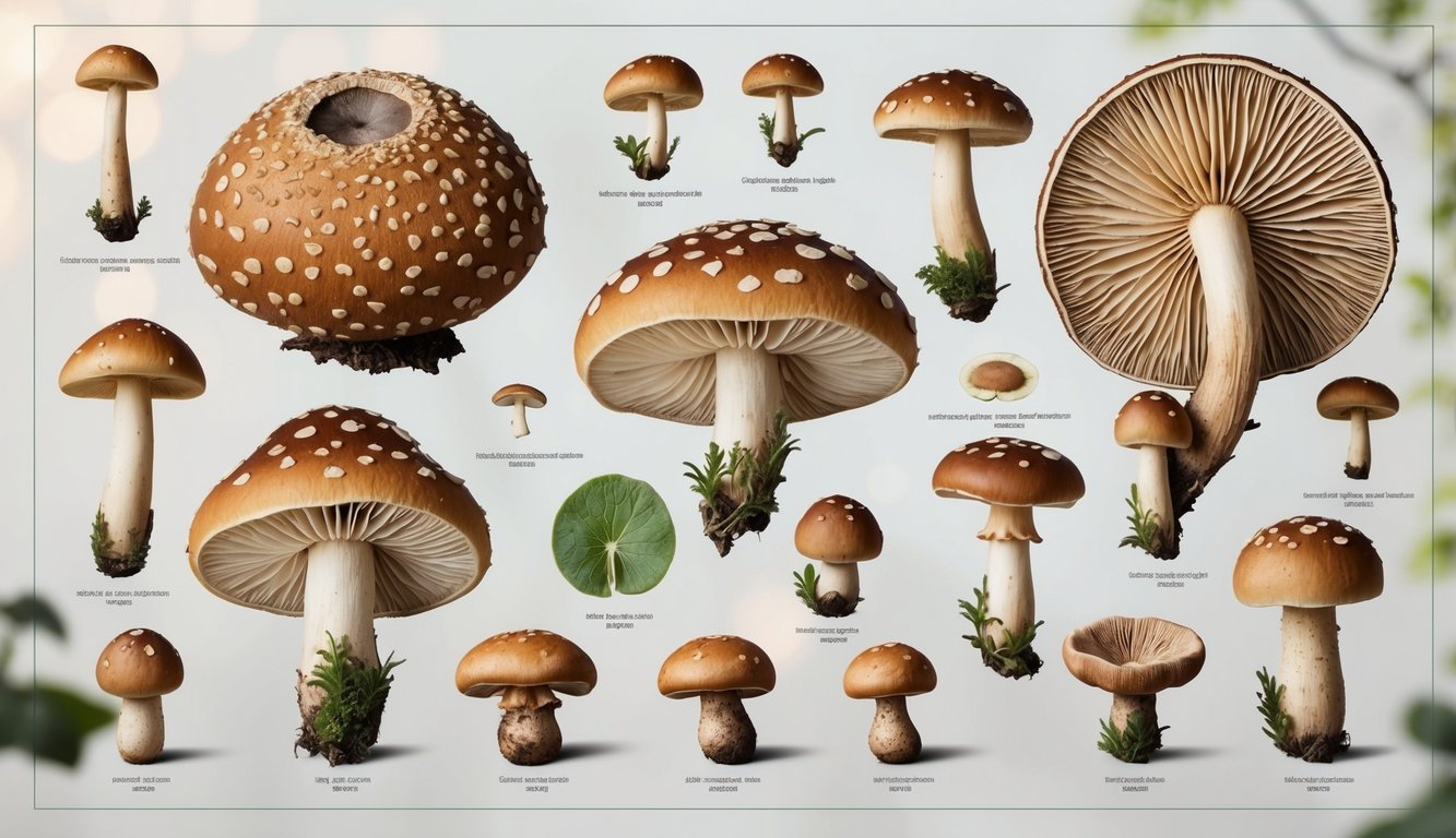 A scientific illustration of toadstools and edible mushrooms, labeled with botanical names, showcasing precise drawing techniques and intricate details with soft lighting