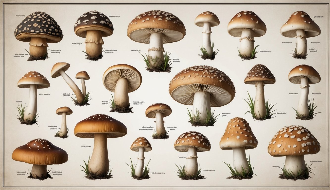 A variety of toadstools and edible mushrooms are meticulously labeled with their botanical names in a detailed scientific illustration, showcasing their structural differences with soft, neutral lighting