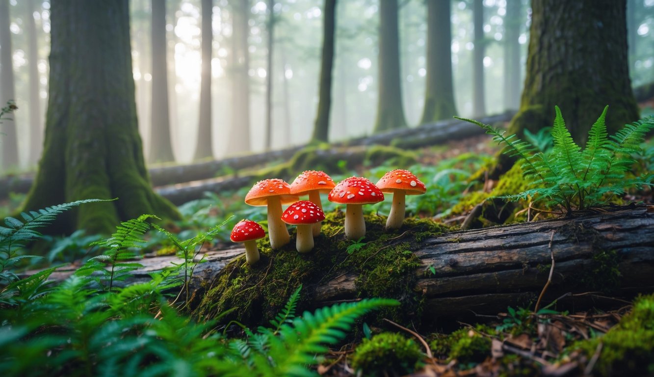 Ethereal light filters through misty forest, illuminating vibrant toadstools nestled among moss-covered logs and delicate ferns, creating a magical woodland scene