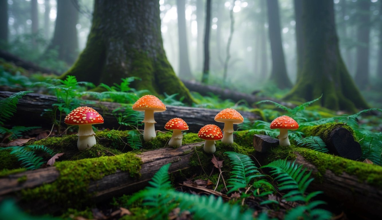 Ethereal light filters through misty forest, illuminating vibrant toadstools nestled among moss-covered logs and delicate ferns, suggesting a magical, hidden woodland environment