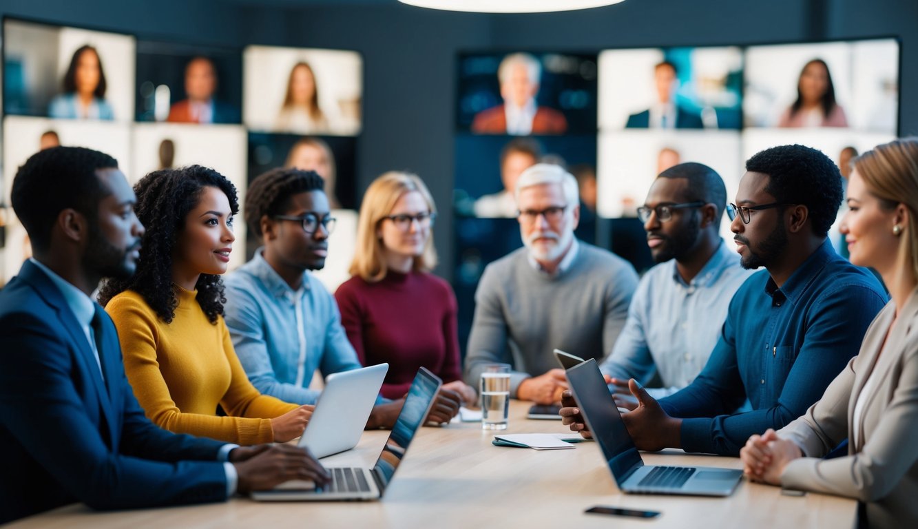 A group of diverse avatars engage in a virtual discussion, with each participant actively listening and contributing to the online conversation