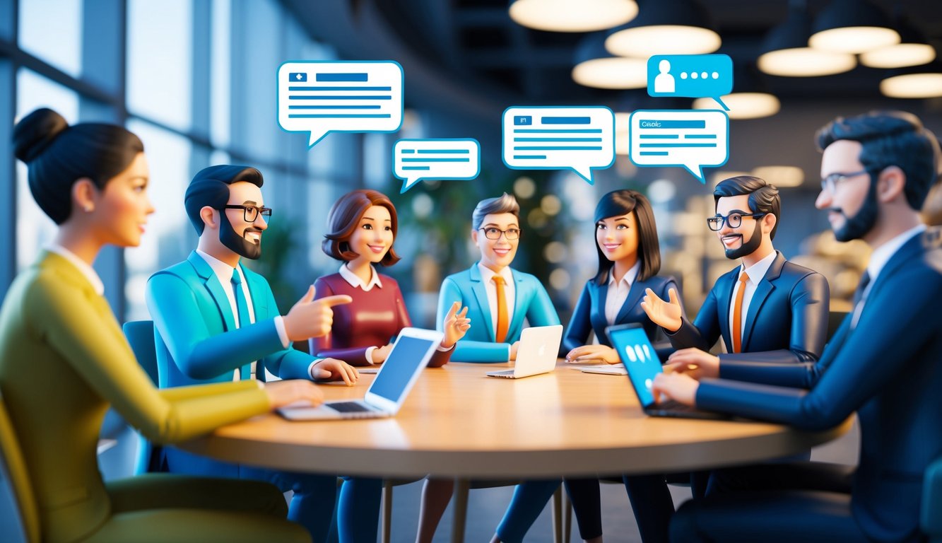 A group of virtual avatars engage in a lively discussion, each one representing a different participant in the online group. The avatars are shown communicating through text bubbles and emoticons, demonstrating effective virtual communication strategies