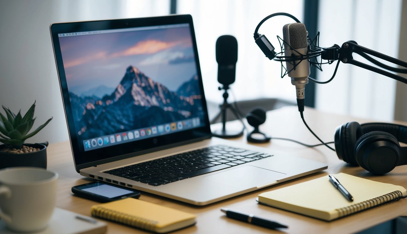 A laptop open on a desk, surrounded by various communication tools such as a microphone, headphones, and a notepad with a pen