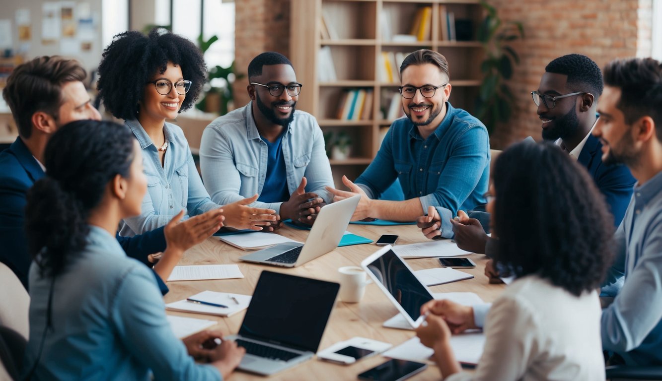 A group of diverse individuals engage in a lively and respectful online discussion, exchanging ideas and actively listening to one another