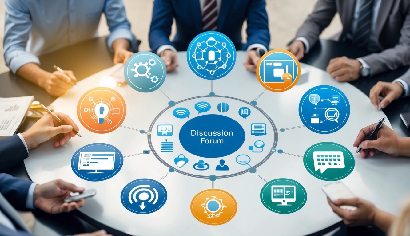 A group of diverse symbols and icons representing communication methods and technology surrounding a central discussion forum