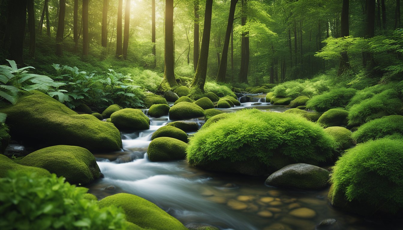 A serene forest with a flowing stream, vibrant plants, and a clear sky, evoking a sense of harmony and balance