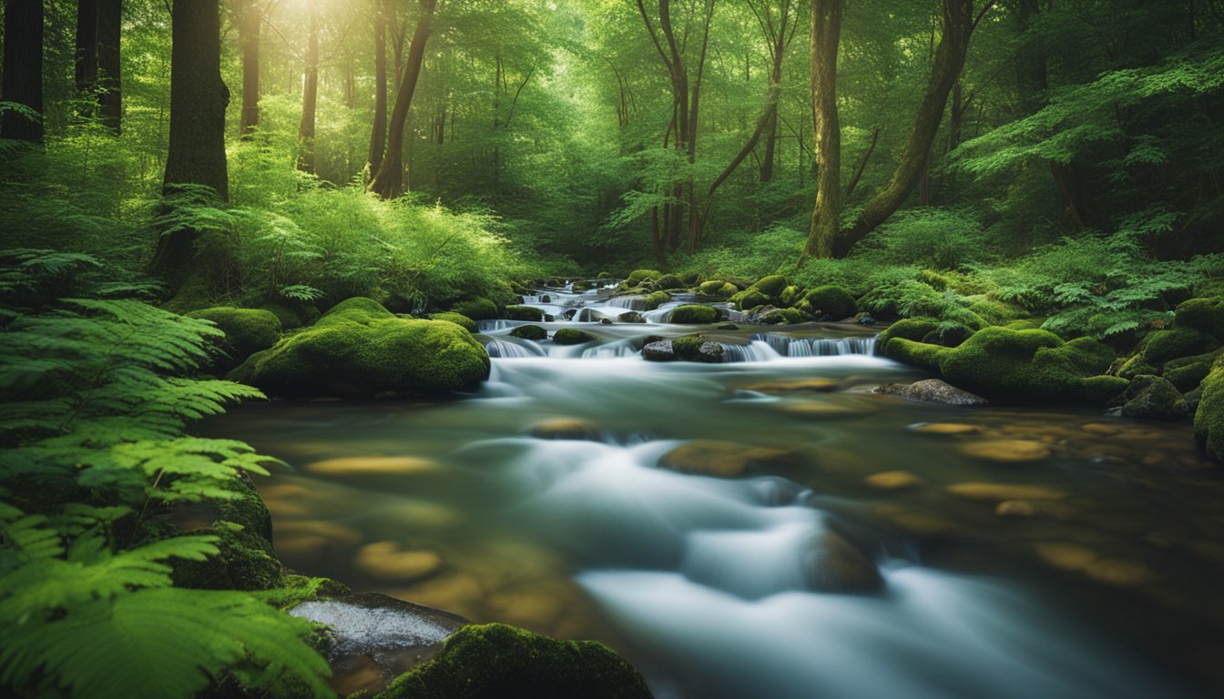 A serene forest with vibrant plants and a clear stream, contrasting with a sterile hospital with modern equipment and white-coated professionals