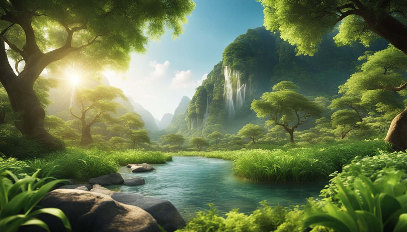 A serene, lush landscape with flowing rivers, vibrant flora, and animals in harmony, symbolizing the core principles and philosophies of natural health