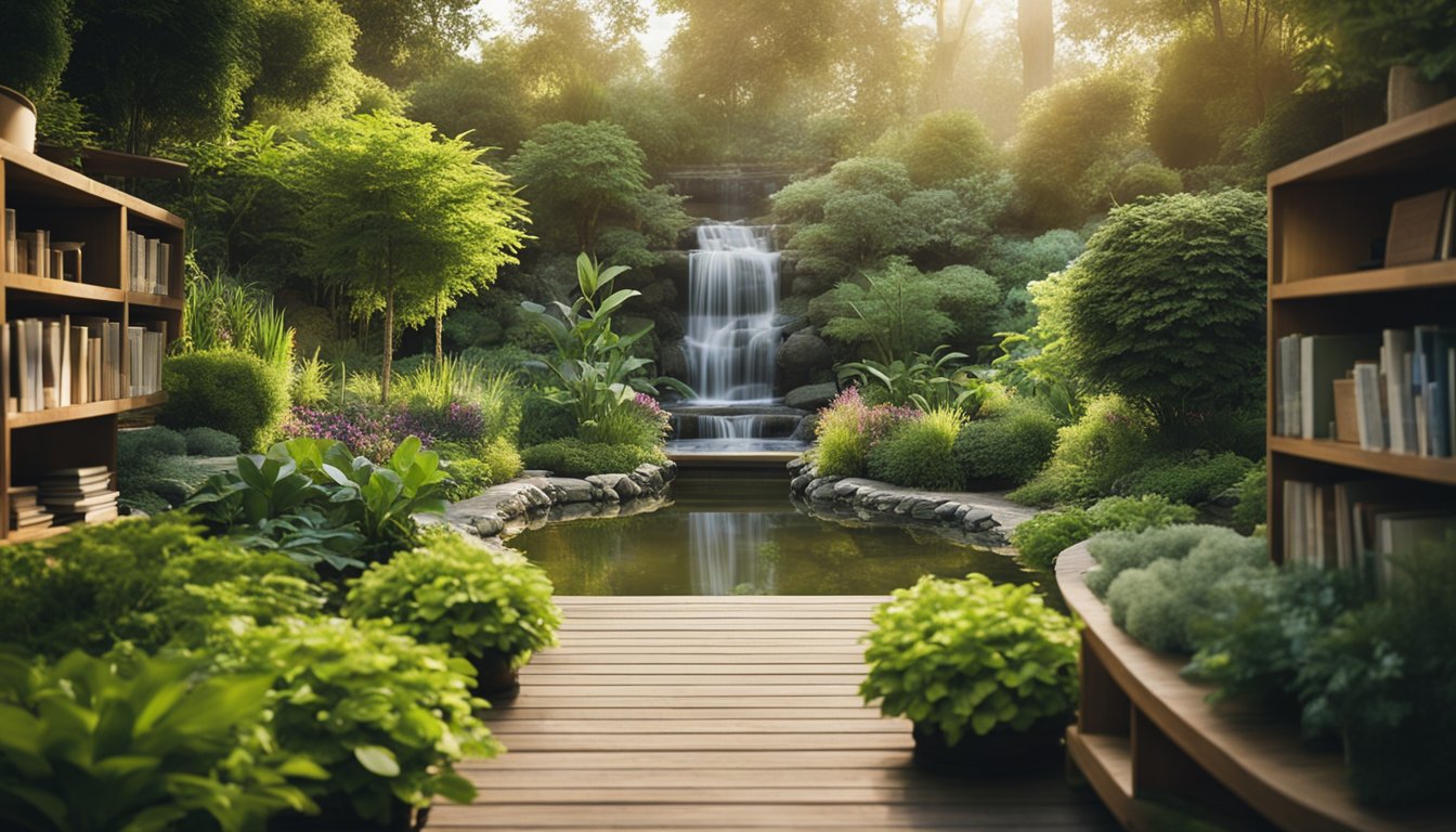 A serene, lush garden with flowing streams and vibrant plants, surrounded by books and educational materials on natural health principles