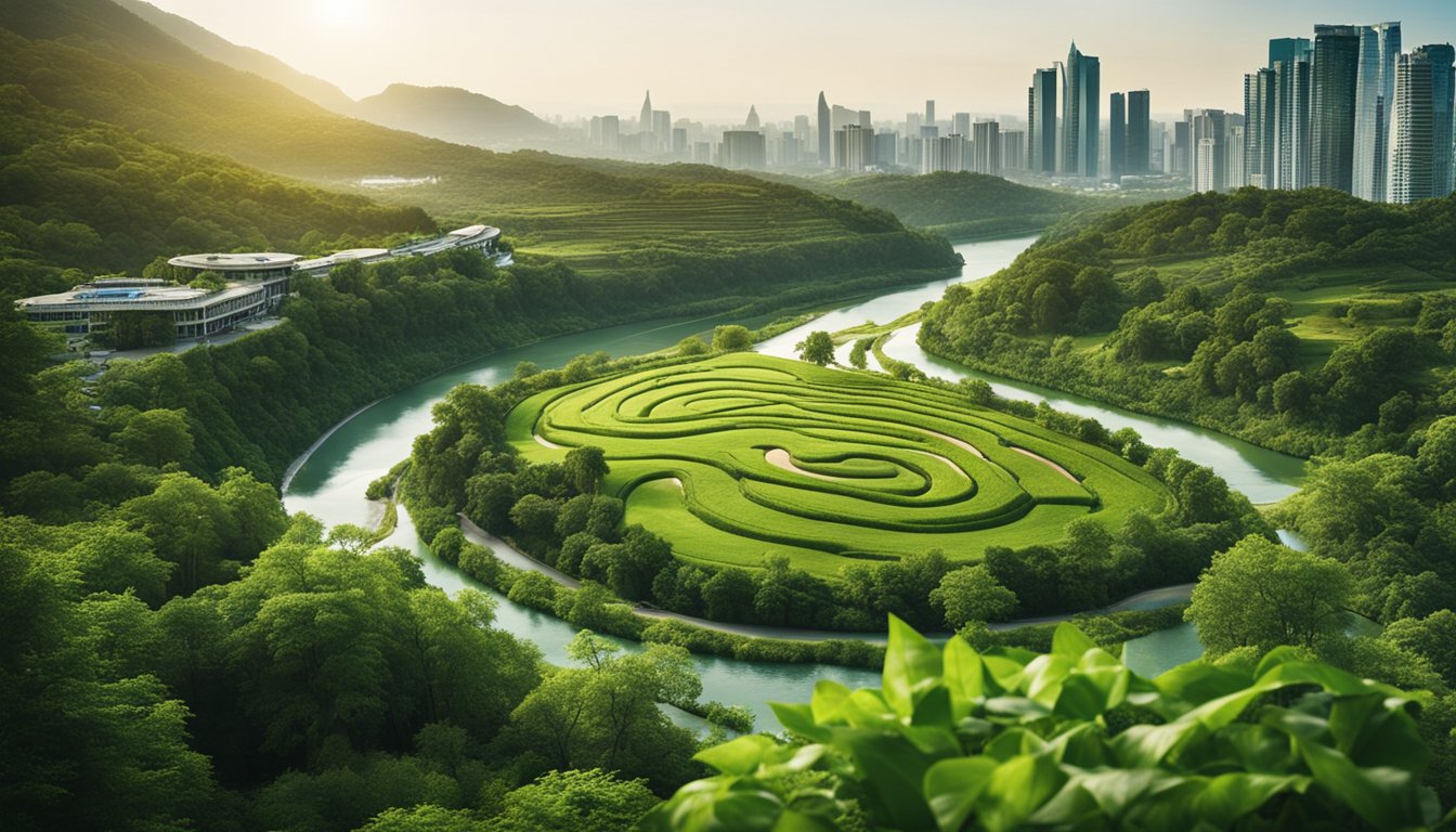 A serene natural landscape with a winding river and lush greenery contrasts with a modern city skyline, symbolizing the differences between natural health and conventional medicine