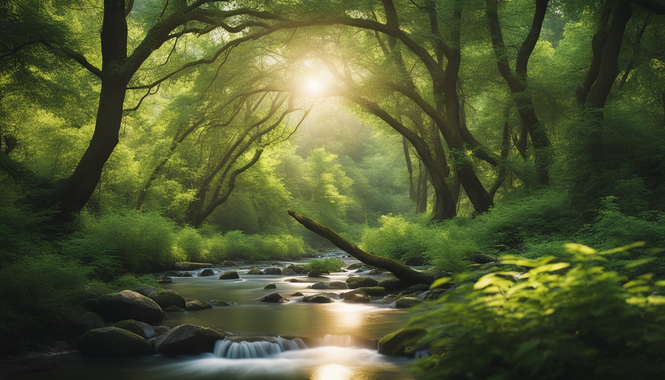 A serene forest with a flowing river, surrounded by lush greenery and vibrant wildlife, symbolizing the importance of preventative care in natural health practices