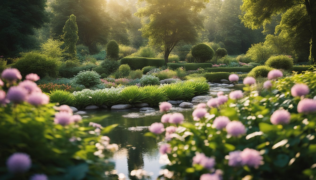 A serene garden with vibrant, blooming plants and a clear stream winding through, surrounded by a tranquil forest