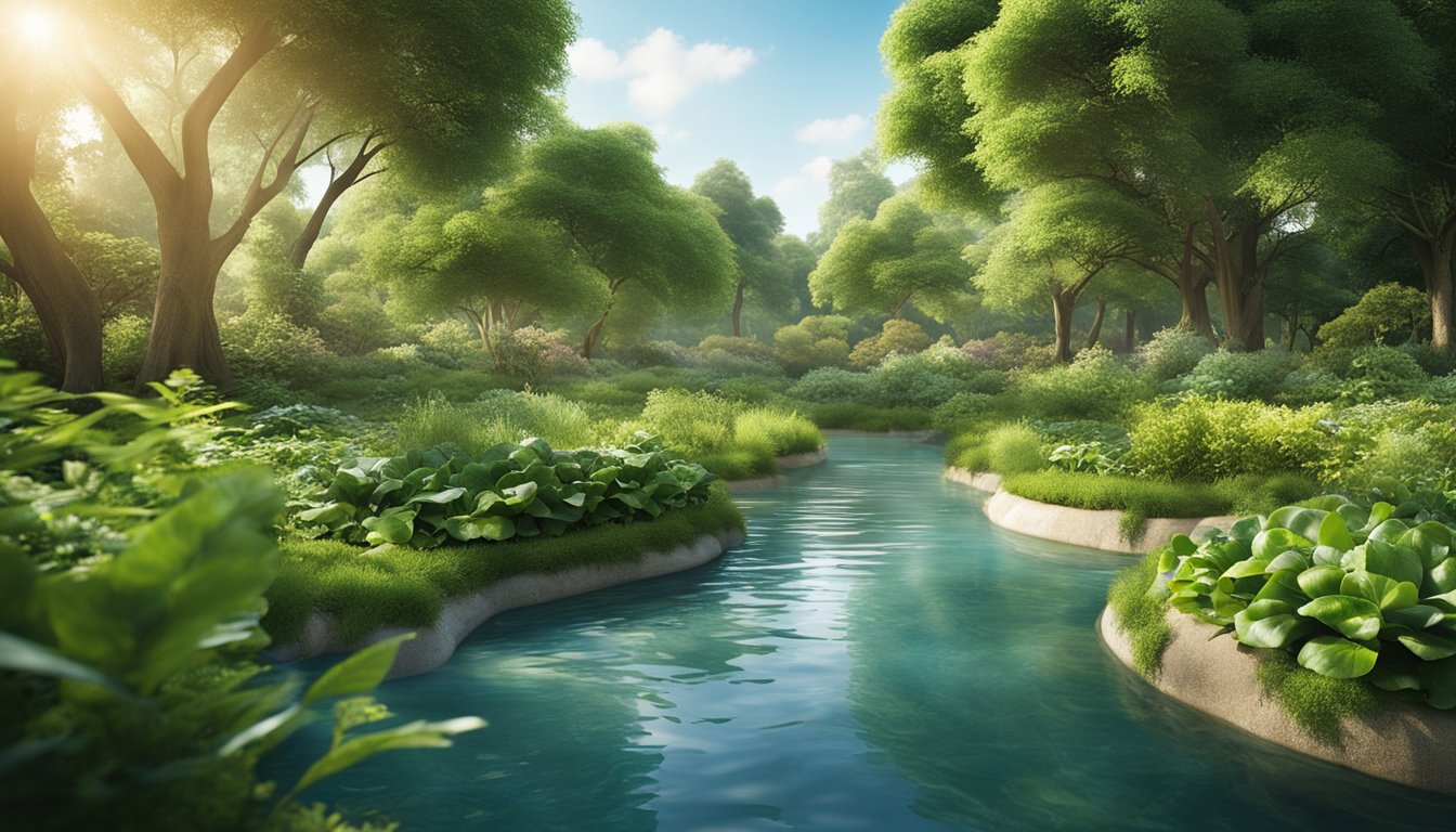 A serene natural landscape with a flowing river, lush greenery, and a clear blue sky, featuring elements of preventative care such as herbs, fruits, and vegetables growing in a garden