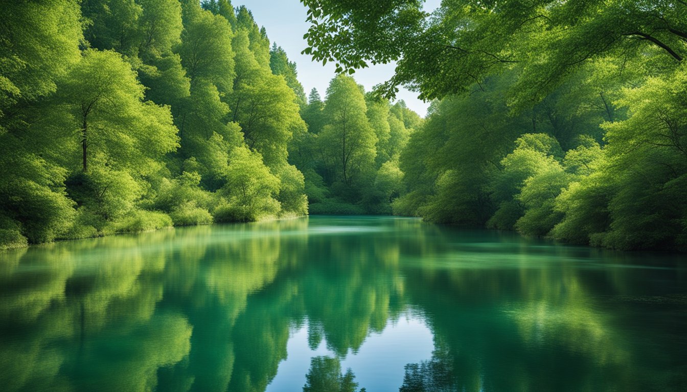 A serene forest with lush green trees, a flowing river, and a clear blue sky, evoking a sense of peace and connection to nature