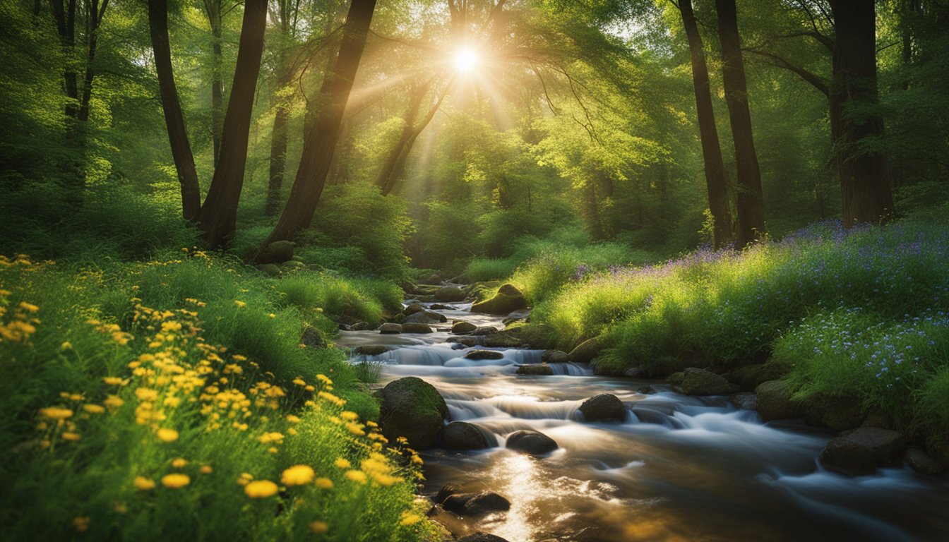 A serene forest clearing with a bubbling stream, surrounded by vibrant green foliage and colorful wildflowers, with the sun casting a warm glow over the scene