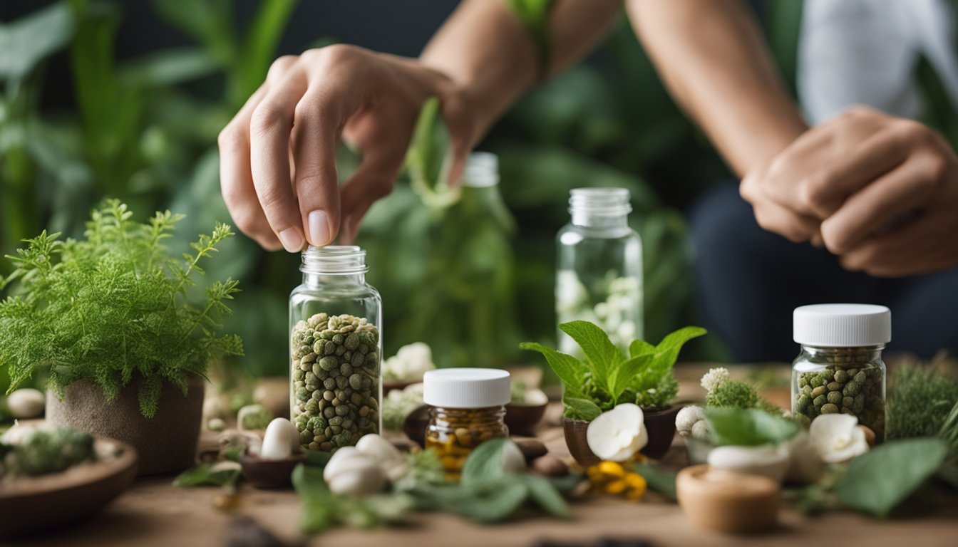 A person holding a bottle of herbal supplements while surrounded by various plants and herbs