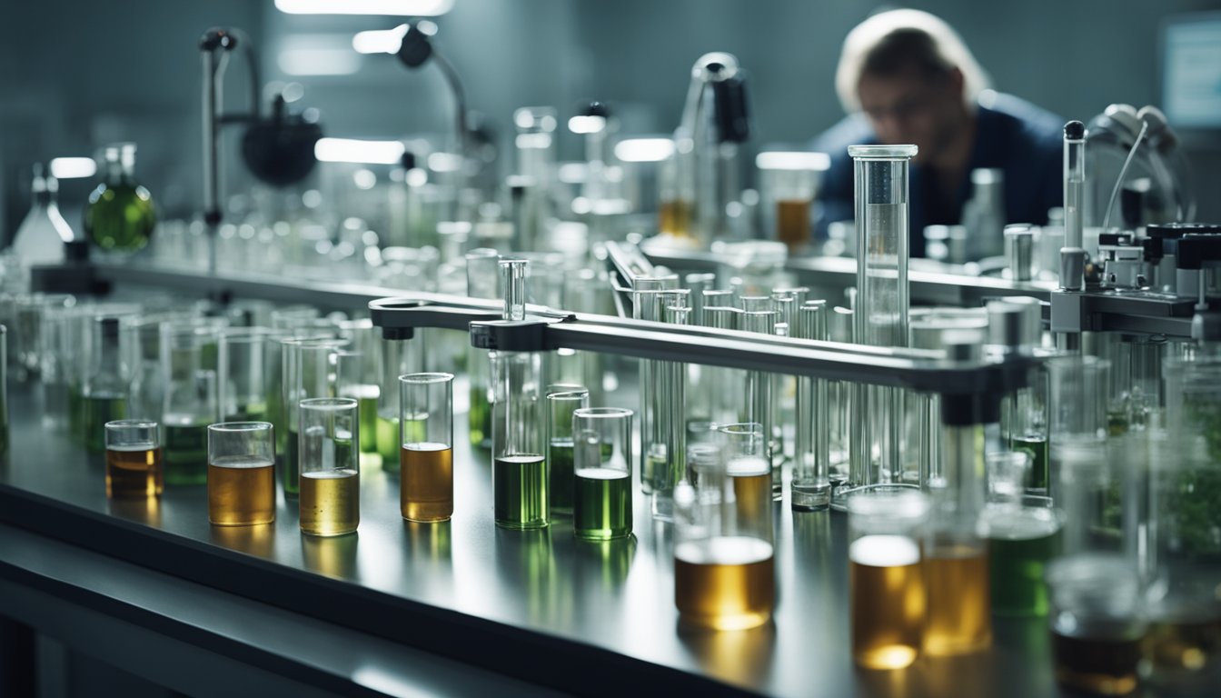 A laboratory filled with beakers, test tubes, and scientific equipment. A scientist conducting experiments to test the effectiveness of natural health practices