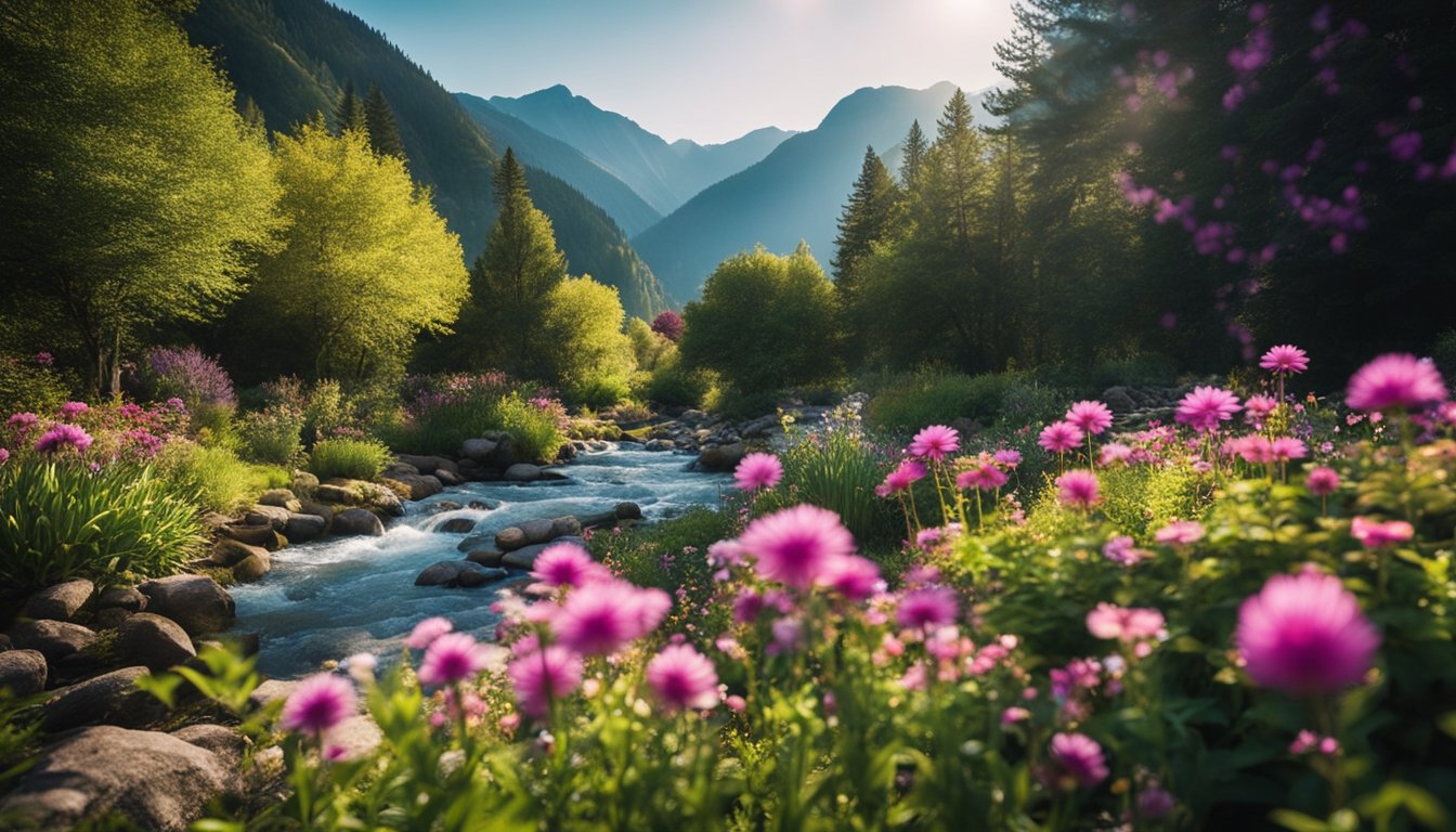 A serene garden with vibrant flowers, a flowing stream, and a backdrop of mountains, evoking a sense of peace and harmony