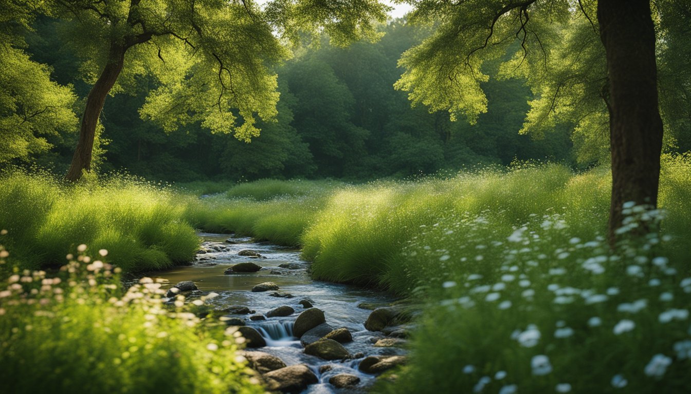 A serene forest clearing with a bubbling stream, surrounded by lush greenery and vibrant wildflowers, under a clear blue sky