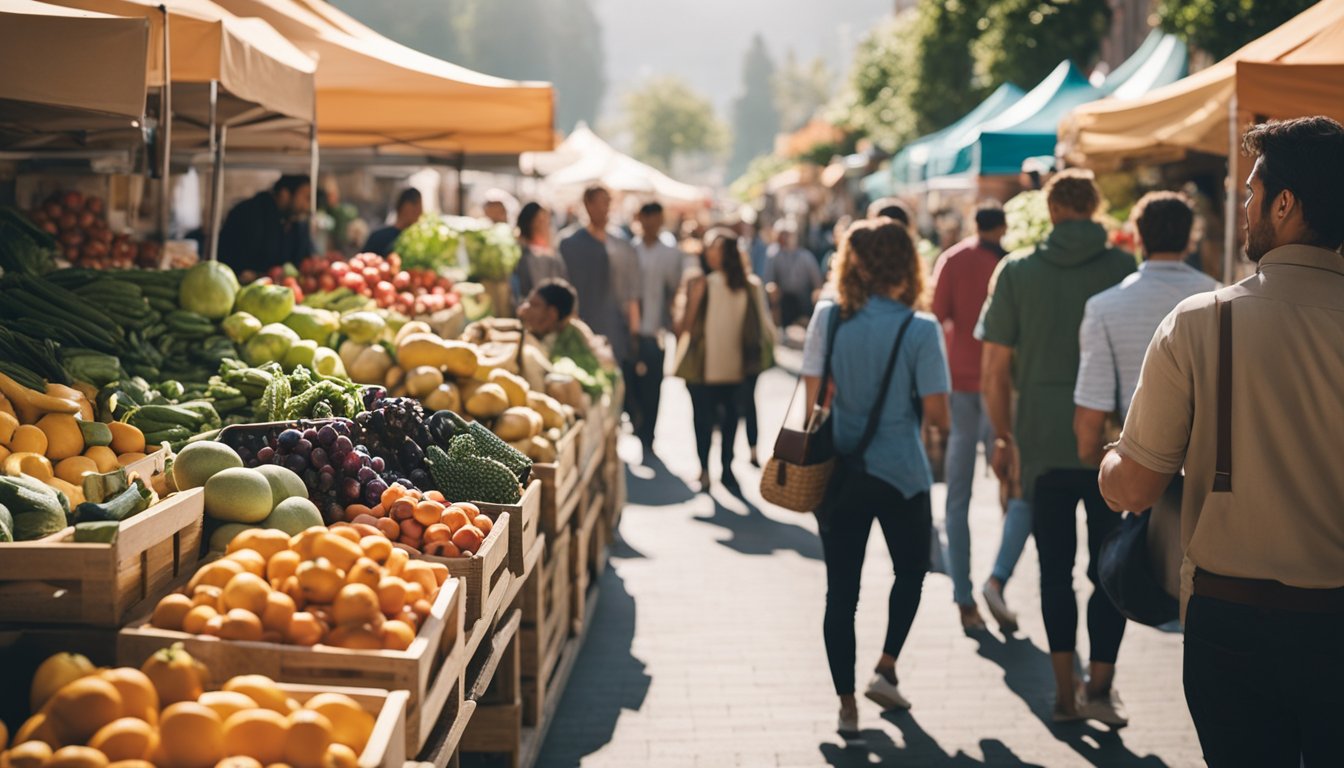 A vibrant farmer's market with colorful fruits, vegetables, and whole foods displayed on wooden crates and baskets, surrounded by people browsing and chatting with vendors