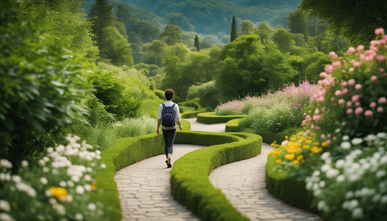 A serene nature scene with a person walking along a winding path, surrounded by lush greenery and vibrant flowers, symbolizing the start of a natural health journey