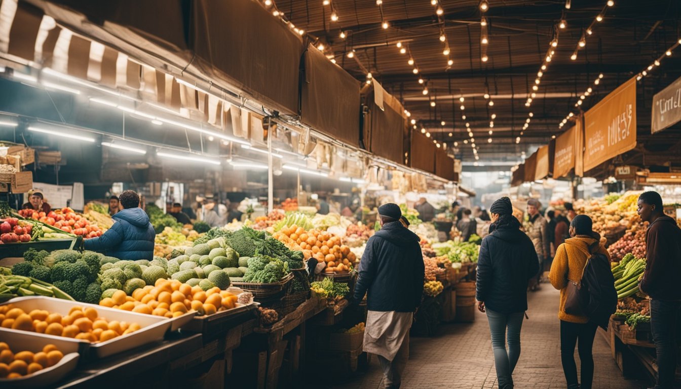 A vibrant fruit and vegetable market with a variety of colorful produce, surrounded by people engaging in healthy eating and wellness activities