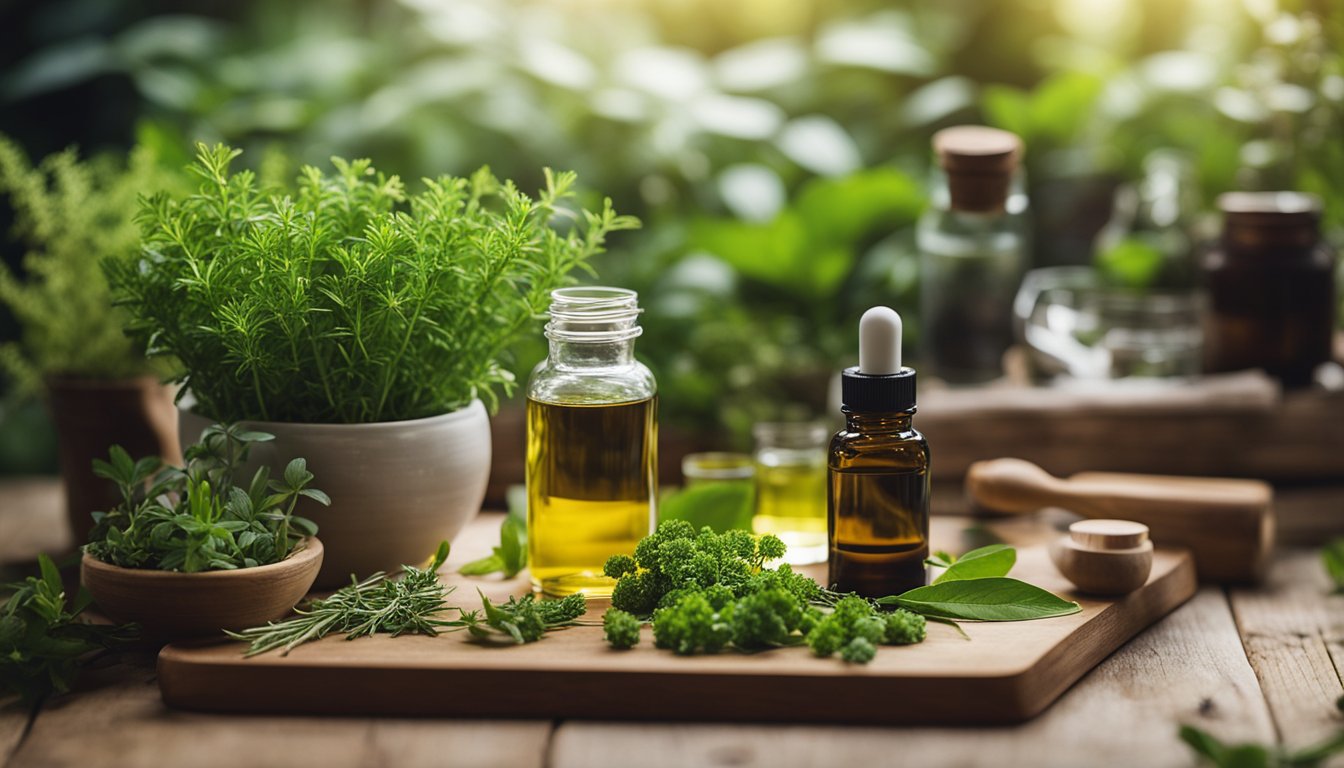 A serene, lush garden with various herbs, plants, and natural remedies growing. A beginner's guide book on natural health sits open on a wooden table, surrounded by essential oils and herbal teas